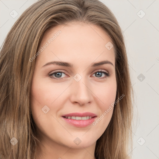 Joyful white young-adult female with long  brown hair and green eyes