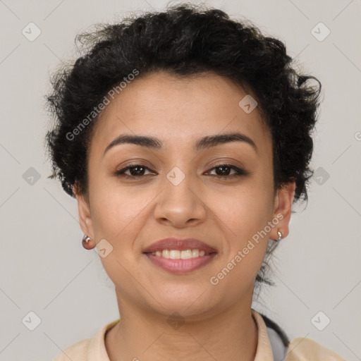 Joyful latino young-adult female with short  brown hair and brown eyes