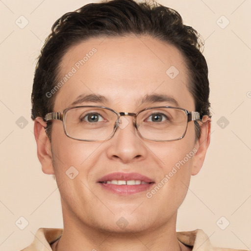 Joyful white adult female with short  brown hair and brown eyes