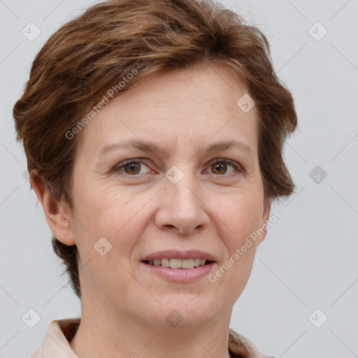 Joyful white adult female with short  brown hair and brown eyes