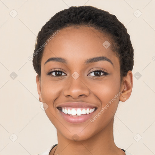 Joyful latino young-adult female with short  black hair and brown eyes