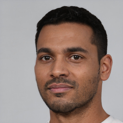 Neutral latino young-adult male with short  black hair and brown eyes
