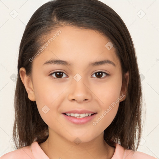 Joyful white child female with medium  brown hair and brown eyes