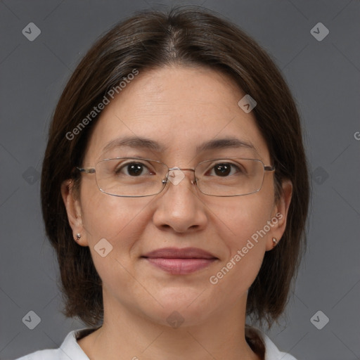 Joyful white adult female with medium  brown hair and brown eyes