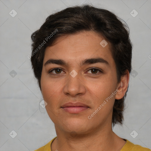 Joyful latino young-adult female with short  brown hair and brown eyes