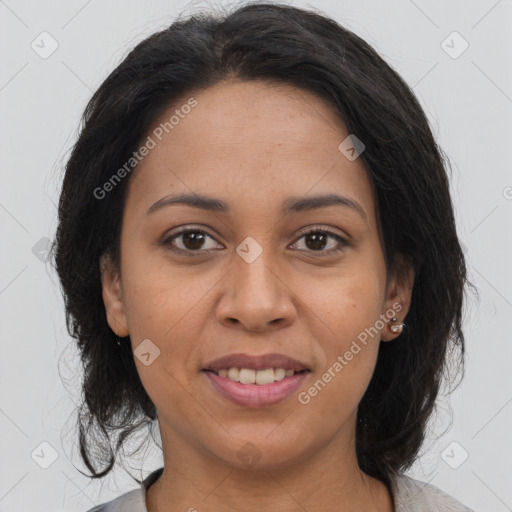 Joyful latino young-adult female with medium  brown hair and brown eyes