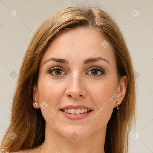 Joyful white young-adult female with long  brown hair and green eyes