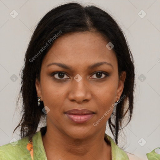 Joyful black young-adult female with medium  brown hair and brown eyes