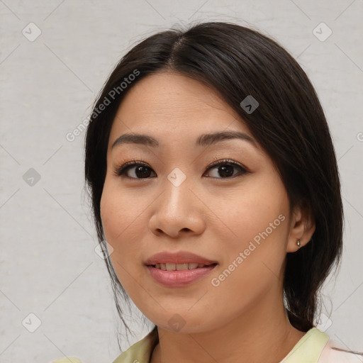 Joyful white young-adult female with medium  brown hair and brown eyes