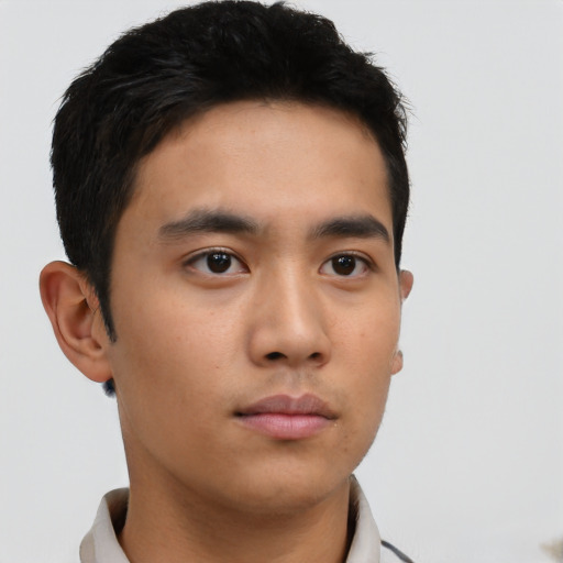 Neutral asian young-adult male with short  brown hair and brown eyes