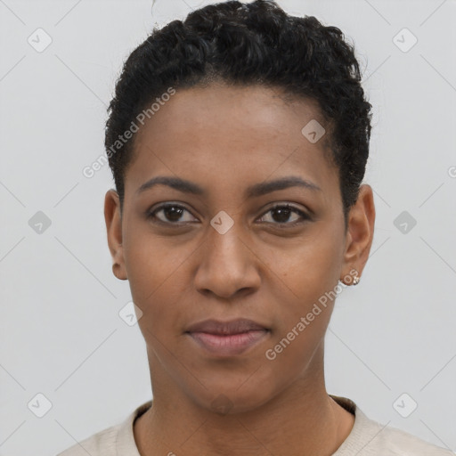 Joyful black young-adult female with short  brown hair and brown eyes