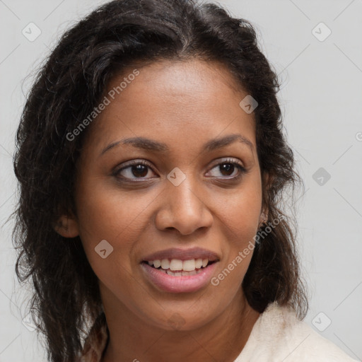 Joyful black young-adult female with medium  brown hair and brown eyes