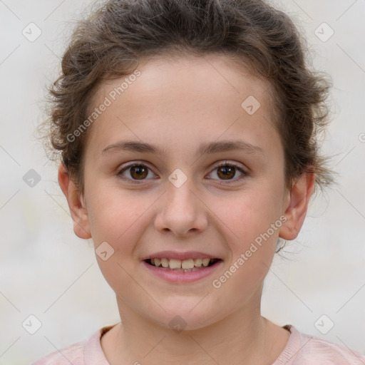 Joyful white child female with short  brown hair and brown eyes