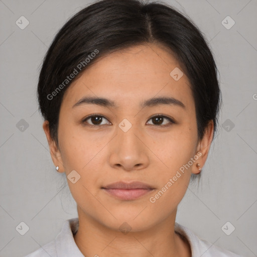 Neutral asian young-adult female with medium  brown hair and brown eyes