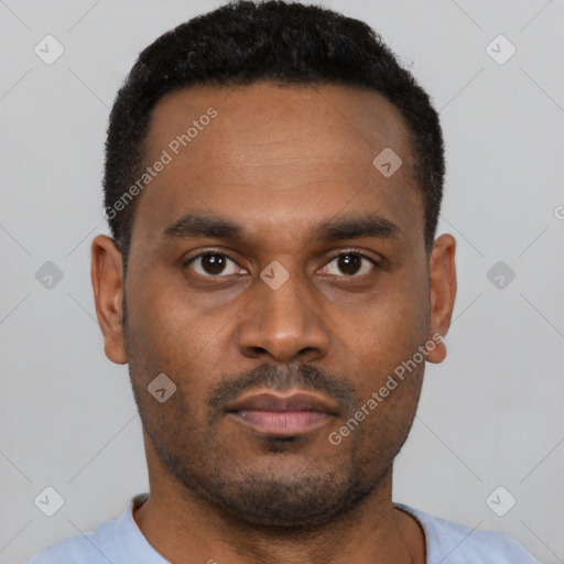 Neutral latino young-adult male with short  black hair and brown eyes