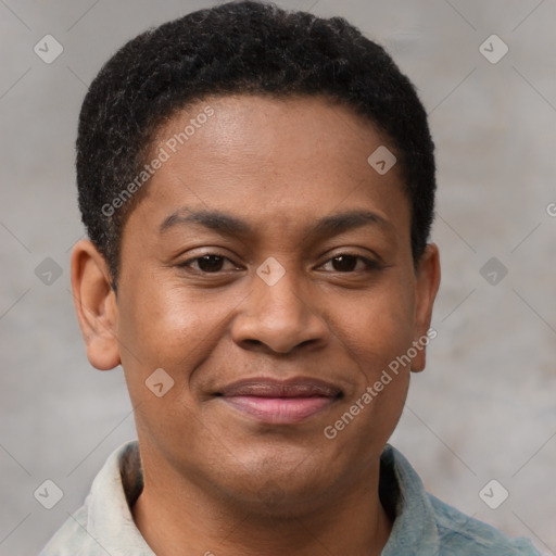 Joyful black young-adult male with short  brown hair and brown eyes