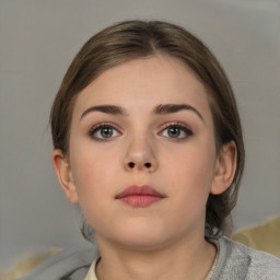 Neutral white young-adult female with short  brown hair and brown eyes