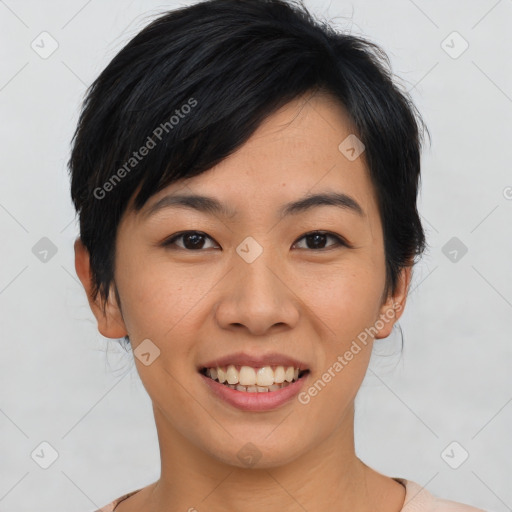 Joyful asian young-adult female with short  black hair and brown eyes