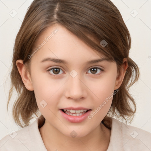 Joyful white child female with medium  brown hair and brown eyes