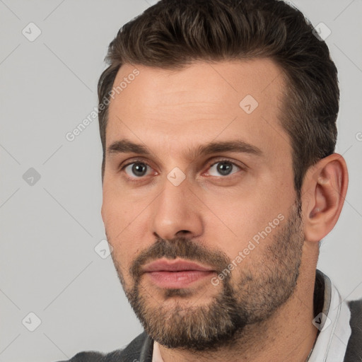 Neutral white young-adult male with short  brown hair and brown eyes