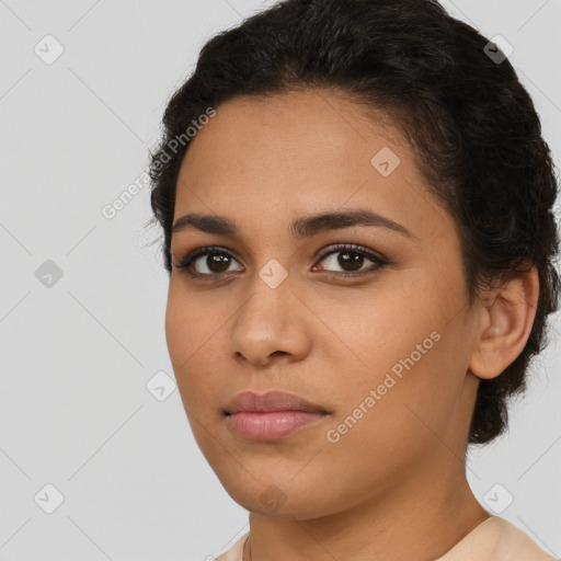 Neutral latino young-adult female with short  brown hair and brown eyes