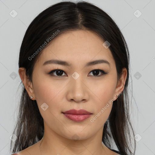 Joyful asian young-adult female with medium  brown hair and brown eyes