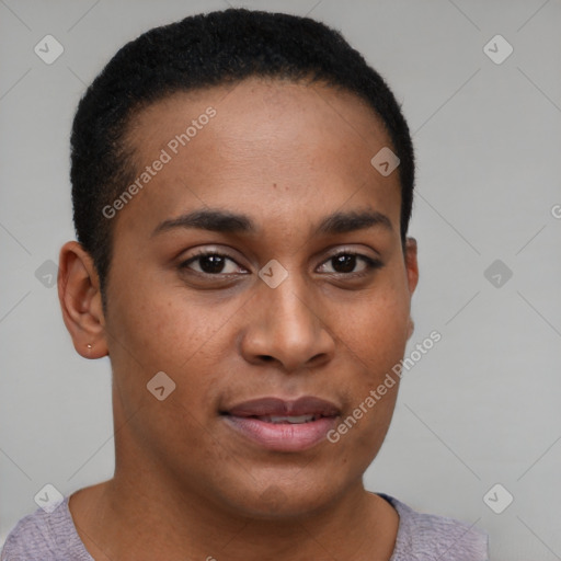 Joyful latino young-adult female with short  brown hair and brown eyes