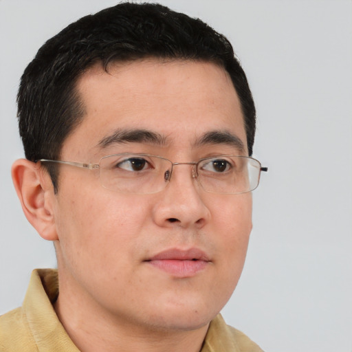 Neutral asian young-adult male with short  brown hair and brown eyes