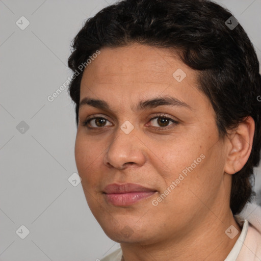 Joyful white young-adult female with short  black hair and brown eyes