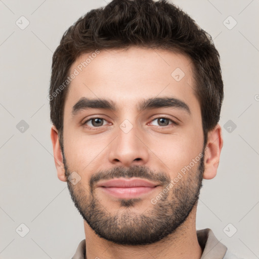 Neutral white young-adult male with short  brown hair and brown eyes