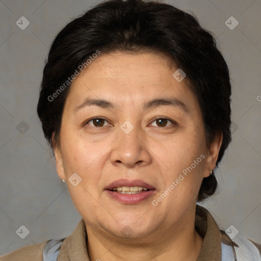 Joyful white adult female with short  brown hair and brown eyes