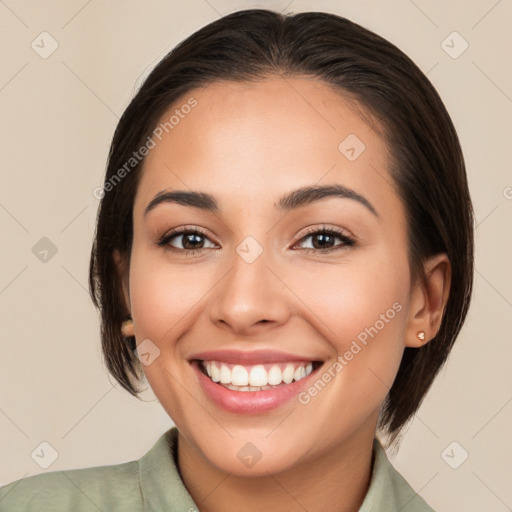 Joyful white young-adult female with medium  brown hair and brown eyes