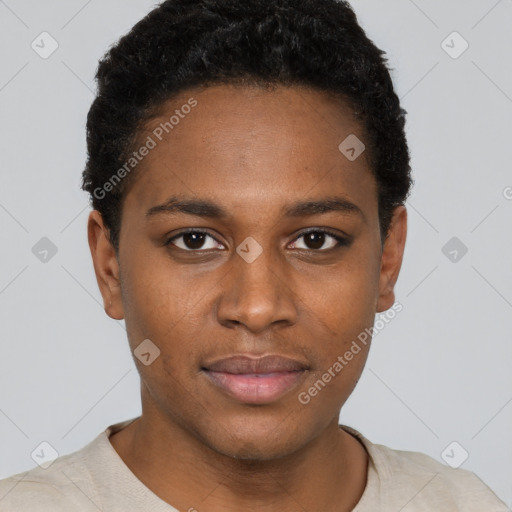 Joyful black young-adult female with short  brown hair and brown eyes
