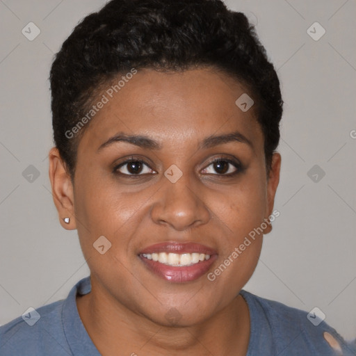 Joyful black young-adult female with short  brown hair and brown eyes