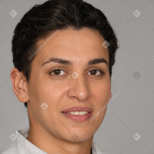 Joyful white young-adult female with short  brown hair and brown eyes