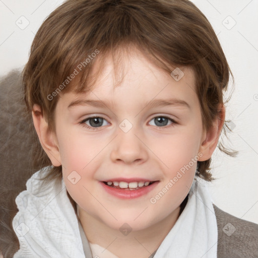 Joyful white child female with medium  brown hair and grey eyes