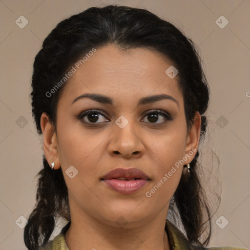 Joyful latino young-adult female with medium  brown hair and brown eyes