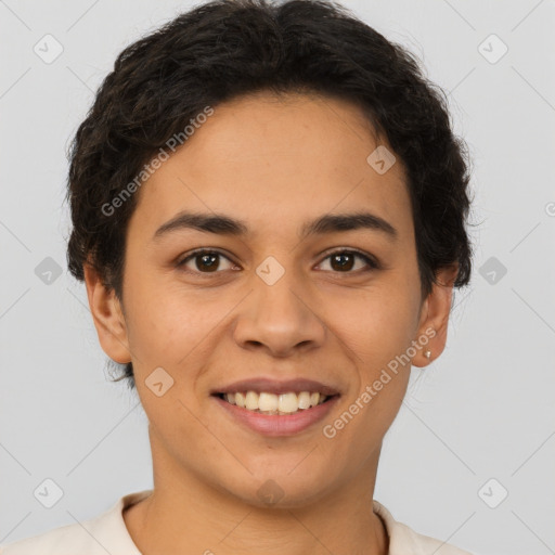 Joyful latino young-adult female with short  brown hair and brown eyes