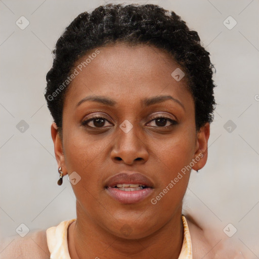 Neutral black young-adult female with short  brown hair and brown eyes