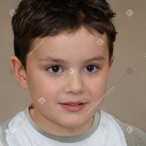 Joyful white child male with short  brown hair and brown eyes