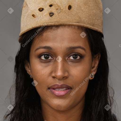 Joyful black young-adult female with long  brown hair and brown eyes