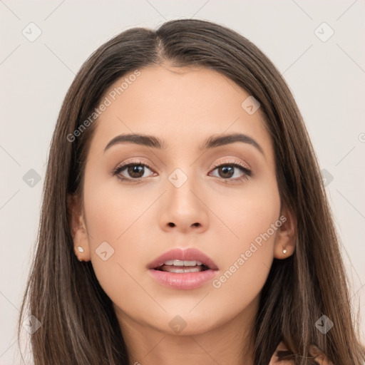 Neutral white young-adult female with long  brown hair and brown eyes