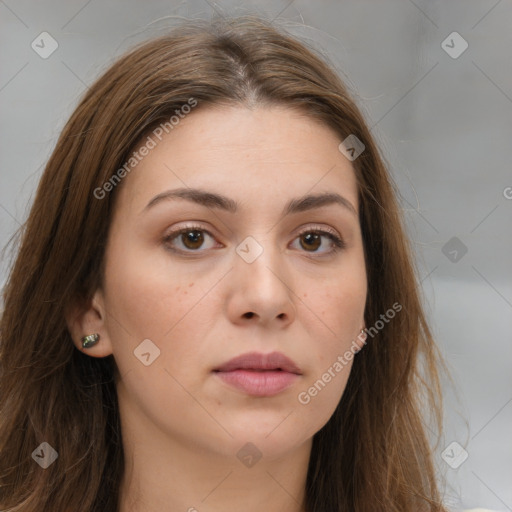 Neutral white young-adult female with long  brown hair and brown eyes