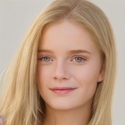 Joyful white young-adult female with long  brown hair and blue eyes