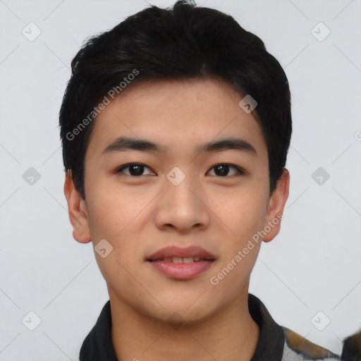 Neutral asian young-adult male with short  black hair and brown eyes