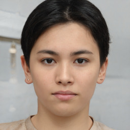 Neutral asian young-adult female with short  brown hair and brown eyes