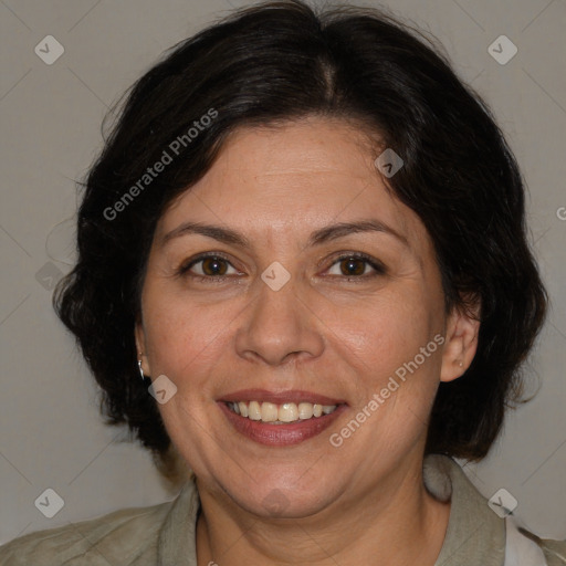 Joyful white adult female with medium  brown hair and brown eyes