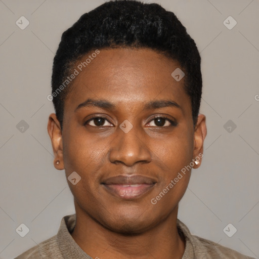 Joyful black young-adult male with short  black hair and brown eyes