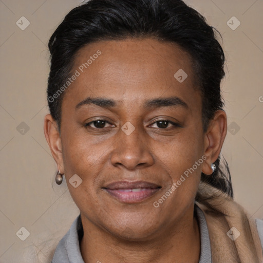 Joyful latino adult female with short  brown hair and brown eyes