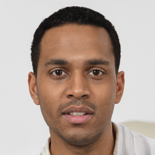 Neutral black young-adult male with short  black hair and brown eyes